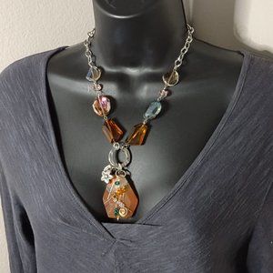 Very Awesome Stone Pendant And Glass Bead Necklace 19 Inches Long